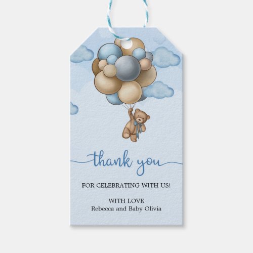 Teddy bear blue brown beige balloons thank you tag