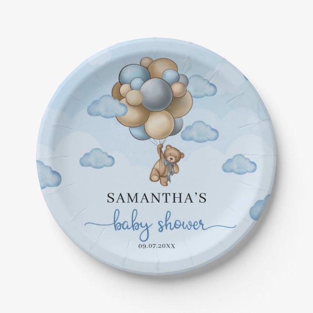 Teddy bear blue brown ivory balloons baby shower p paper plates (Front)