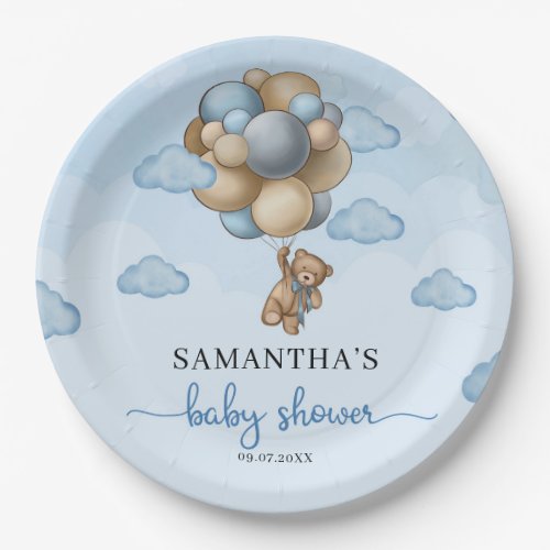 Teddy bear blue brown ivory balloons baby shower paper plates