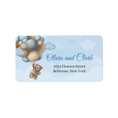 Teddy bear blue brown ivory balloons label