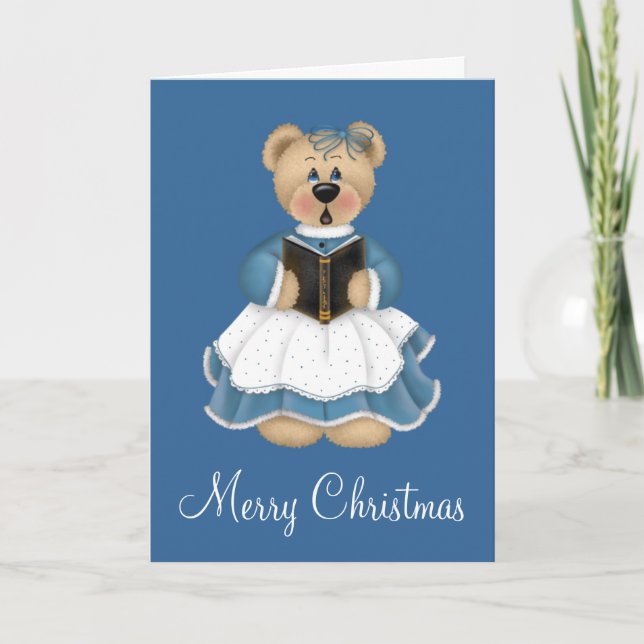 Teddy Bear Blue Christmas Caroler Greeting Card (Front)