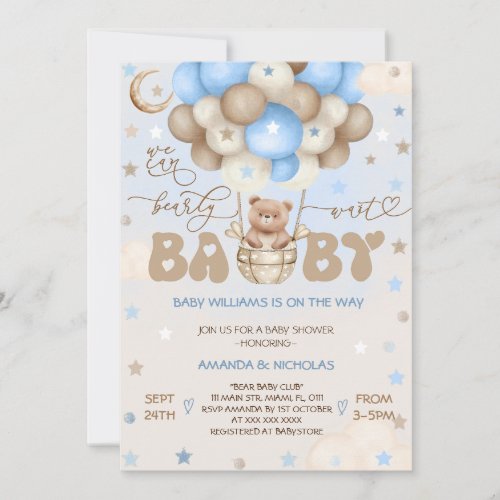 Teddy Bear Blue Cute Balloon Boy Baby Shower Invitation