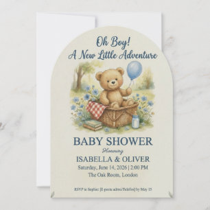 Teddy Bear Blue Floral Baby Shower Invite