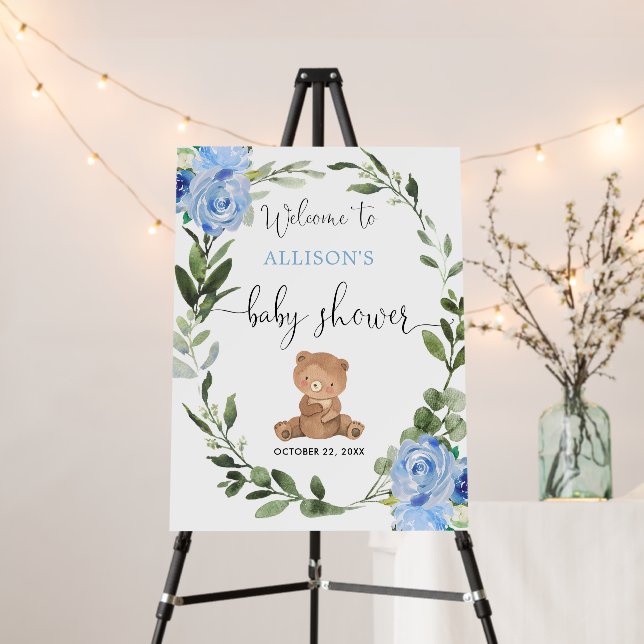 Teddy bear blue floral baby shower welcome sign (In Situ (Stand))