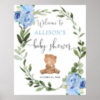 Teddy bear blue floral baby shower welcome sign