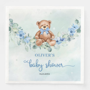 Teddy bear blue floral eucalyptus boy baby shower paper dinner napkins