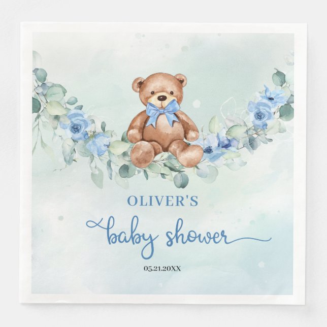 Teddy bear blue floral eucalyptus boy baby shower paper dinner napkins (Front)