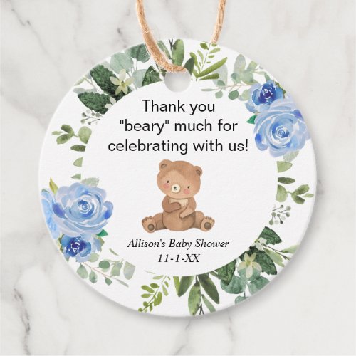 Teddy bear blue floral greenery baby shower favor tags