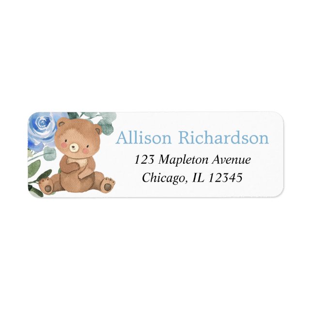 Teddy bear blue floral greenery label (Front)