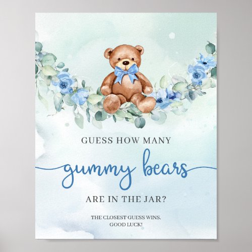 Teddy bear blue floral Guess How Many Gummy Bear Poster