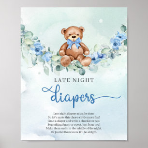 Teddy bear blue floral Late Night Diapers game Poster