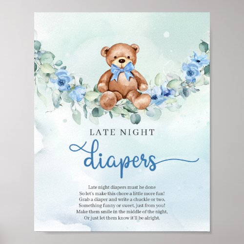 Teddy bear blue floral Late Night Diapers game Poster