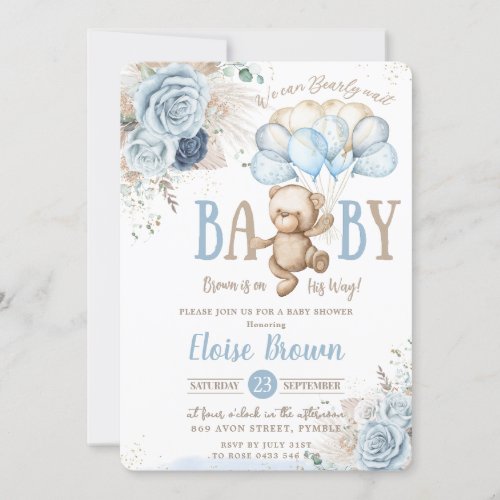 Teddy Bear Blue Floral Pampas Grass Baby Shower Invitation