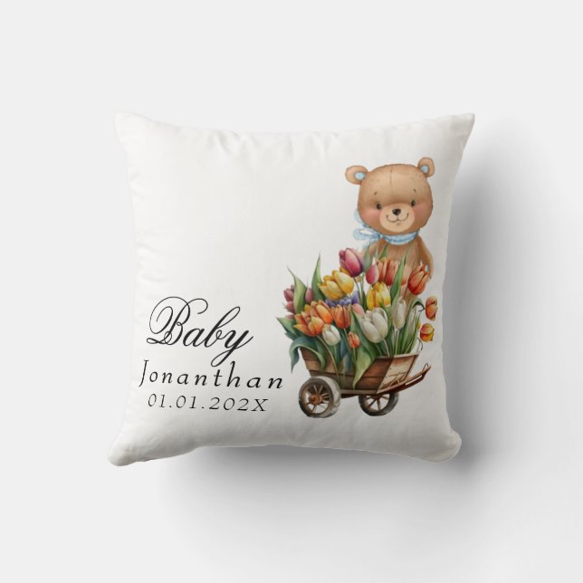 Teddy Bear Blue Floral Rustic Throw Pillow (Back)