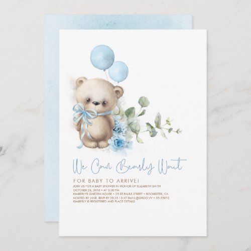 Teddy Bear Blue Flowers and Greenery Baby Shower Invitation