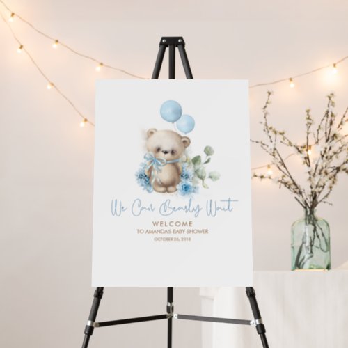 Teddy Bear Blue Flowers Baby Shower Welcome Sign