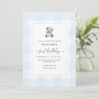 Teddy Bear Blue Gingham 1st Birthday Invitation