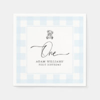 Teddy Bear Blue Gingham 1st Birthday Napkins