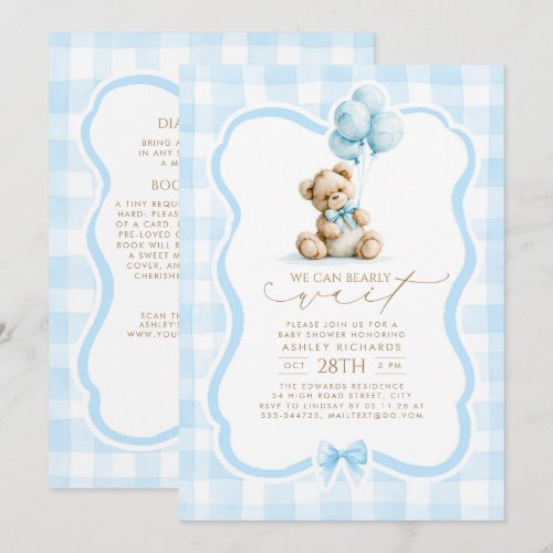 Teddy Bear Blue Gingham All In One Baby Shower Invitation