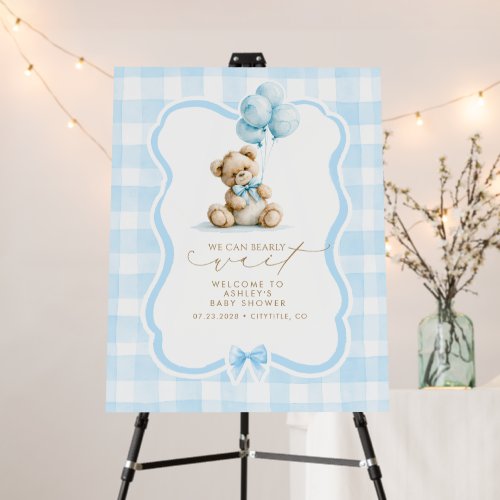 Teddy Bear Blue Gingham Baby Shower Welcome Sign