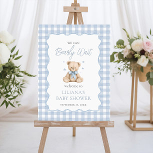 Teddy Bear Blue Gingham Baby Shower Welcome Sign