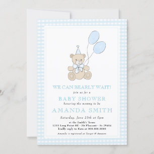 Teddy Bear Blue Gingham Boy Baby Shower Invitation