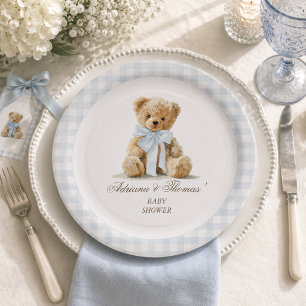 Teddy Bear Blue Gingham Boy Baby Shower Paper Plates