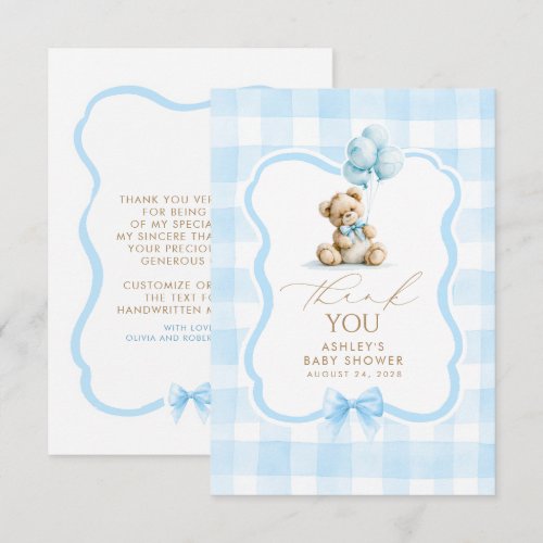 Teddy Bear Blue Gingham Cute Thank You Card