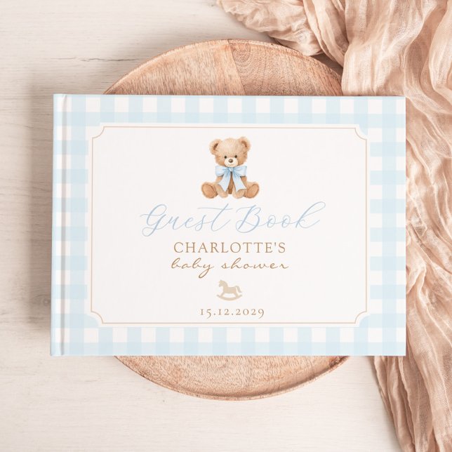 Teddy Bear Blue Ginghma Baby Shower Guest Book (Creator Uploaded)