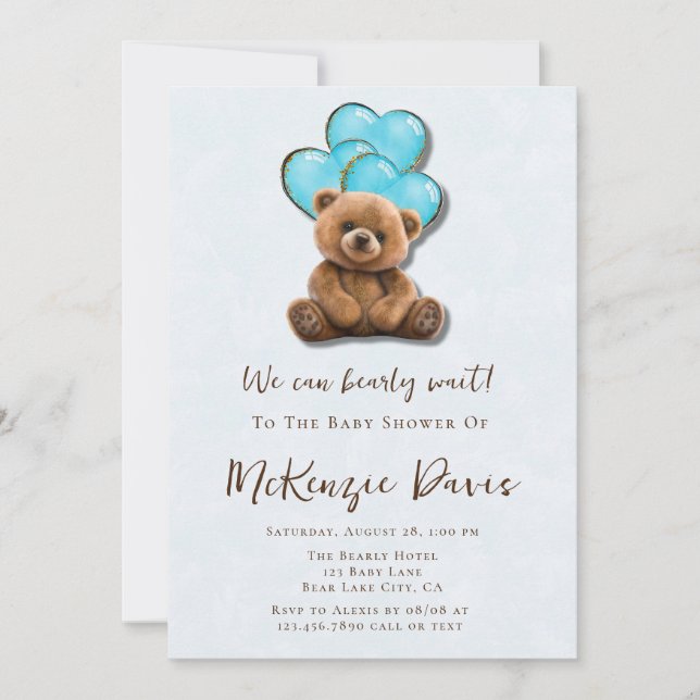 Teddy Bear Blue Gold Balloon Boy Baby Shower Invitation (Front)
