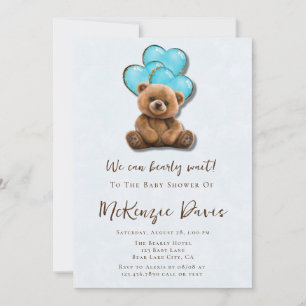 Teddy Bear Blue Gold Balloon Boy Baby Shower Invitation