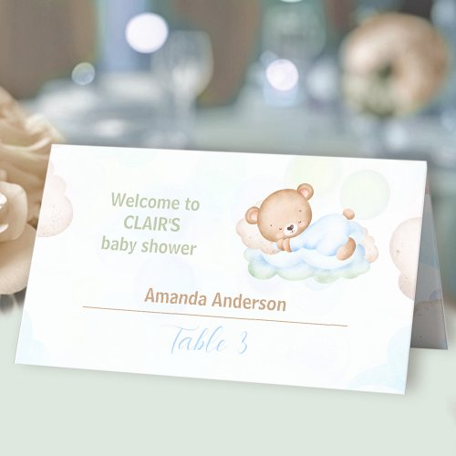 Teddy Bear Blue Green Boy Baby Shower Tent Place Card