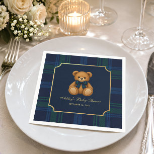Teddy Bear Blue Green Plaid Preppy Boy Baby Shower Napkins
