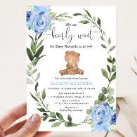 Teddy Bear blue greenery floral boy baby shower Invitation