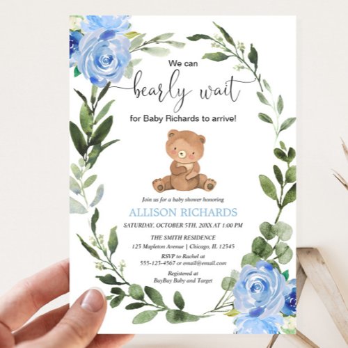 Teddy Bear blue greenery floral boy baby shower Invitation