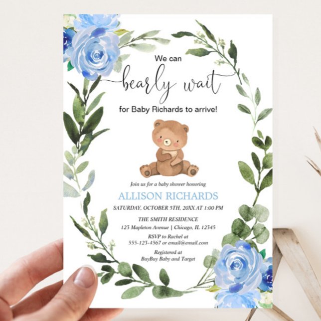 Teddy Bear blue greenery floral boy baby shower Invitation (Creator Uploaded)