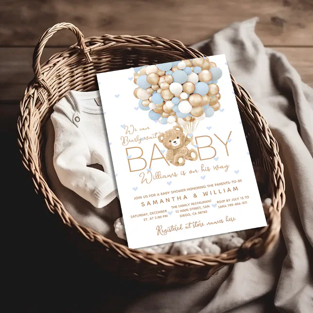 Teddy Bear Blue Heart & Balloon Baby Boy Shower Invitation | Zazzle