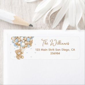 Teddy Bear Blue Heart & Balloon Baby Boy Shower Label