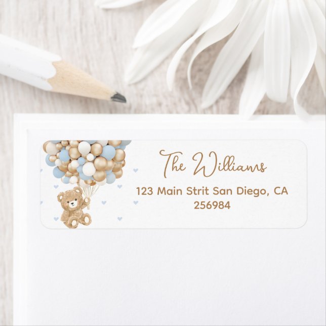 Teddy Bear Blue Heart & Balloon Baby Boy Shower Label (Insitu)