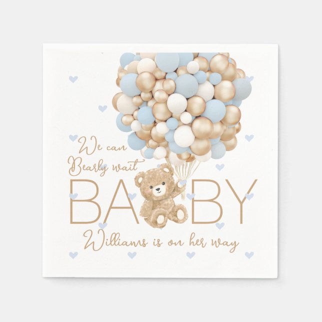 Teddy Bear Blue Heart & Balloon Baby Boy Shower Napkins (Front)