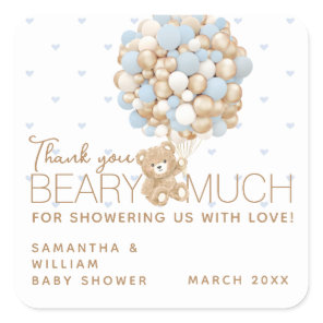 Teddy Bear Blue Heart & Balloon Baby Boy Shower Square Sticker