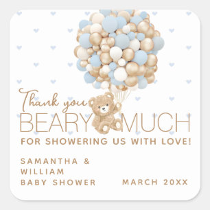 Teddy Bear Blue Heart & Balloon Baby Boy Shower Square Sticker