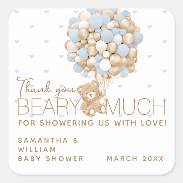 Teddy Bear Blue Heart & Balloon Baby Boy Shower Square Sticker (Front)