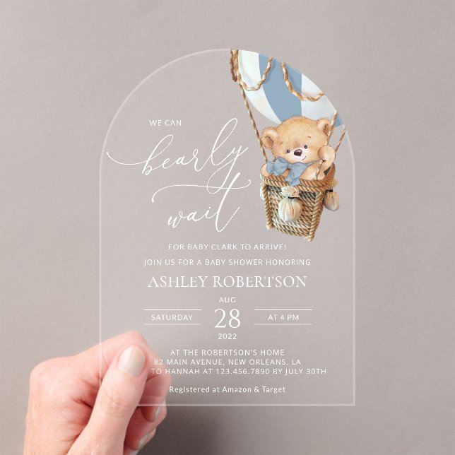 Teddy Bear, Blue Hot Air Balloon, Baby Shower Acrylic Invitations (Insitu (Handheld))