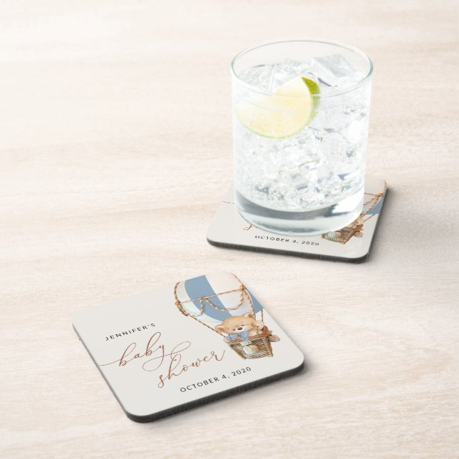 Teddy Bear, Blue Hot Air Balloon, Baby Shower Beverage Coaster (Right Side)