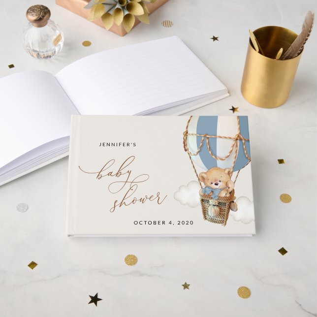 Teddy Bear, Blue Hot Air Balloon, Baby Shower Guest Book (Front Open)