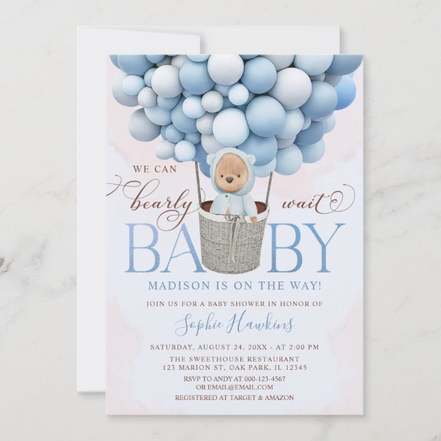 Teddy Bear Blue Hot Air Balloon Baby Shower Invitation (Front)