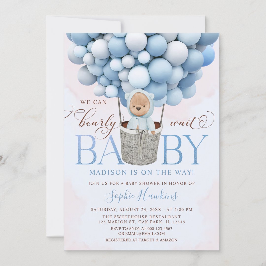 Teddy Bear Blue Hot Air Balloon Baby Shower Invitation | Zazzle