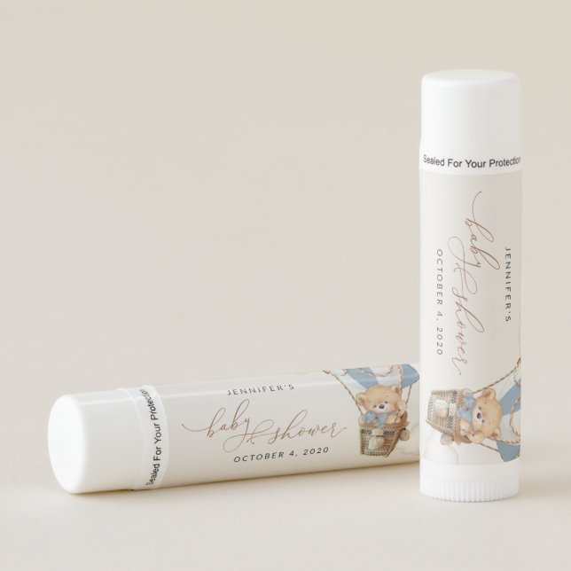 Teddy Bear, Blue Hot Air Balloon, Baby Shower Lip Balm (Front)