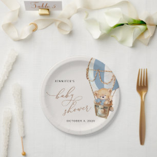Teddy Bear, Blue Hot Air Balloon, Baby Shower Paper Plates